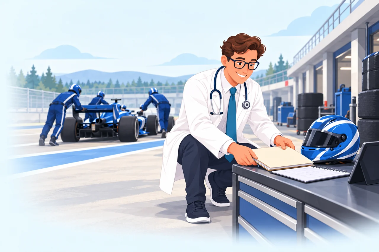 Doktorn förbereder dokument och hjälm inför en ny motorsportsäsong