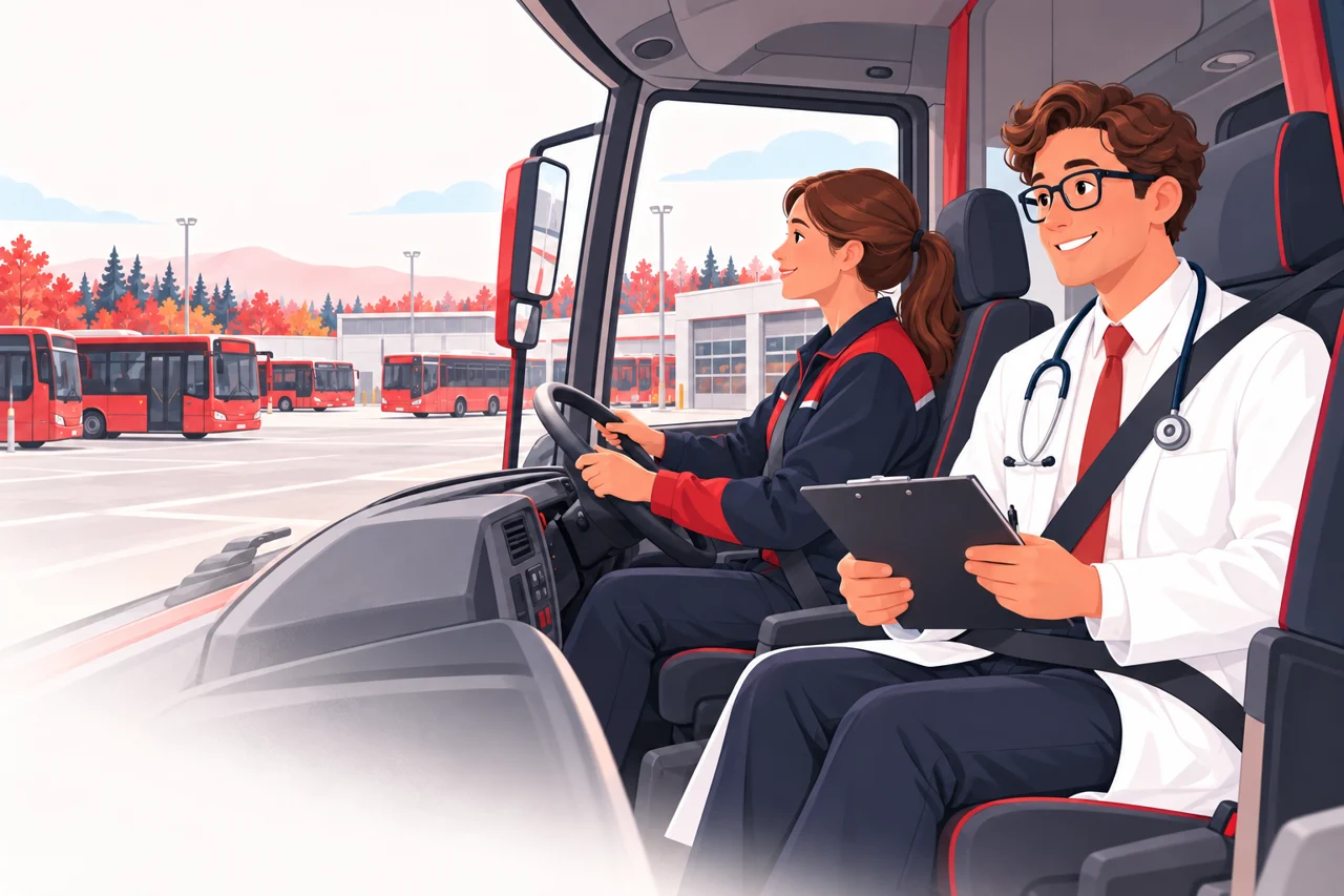 Doktorn och den blivande bussföraren sitter i en parkerad buss