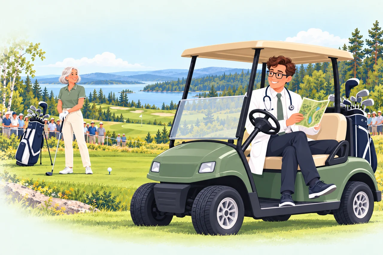 Doktorn läser bankartan i en golfbil inför tävling