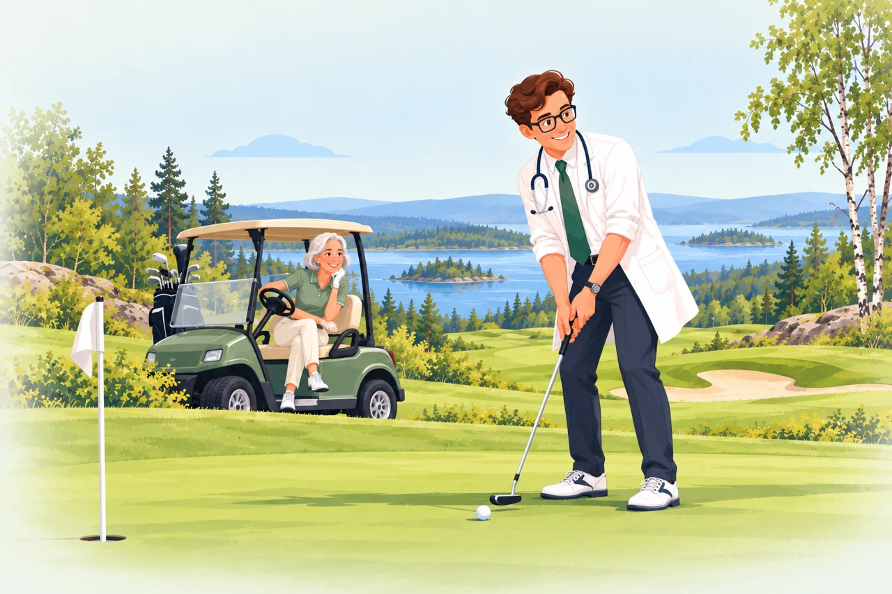 Doktorn puttar på golfbanan medan golfspelaren väntar vid bilen