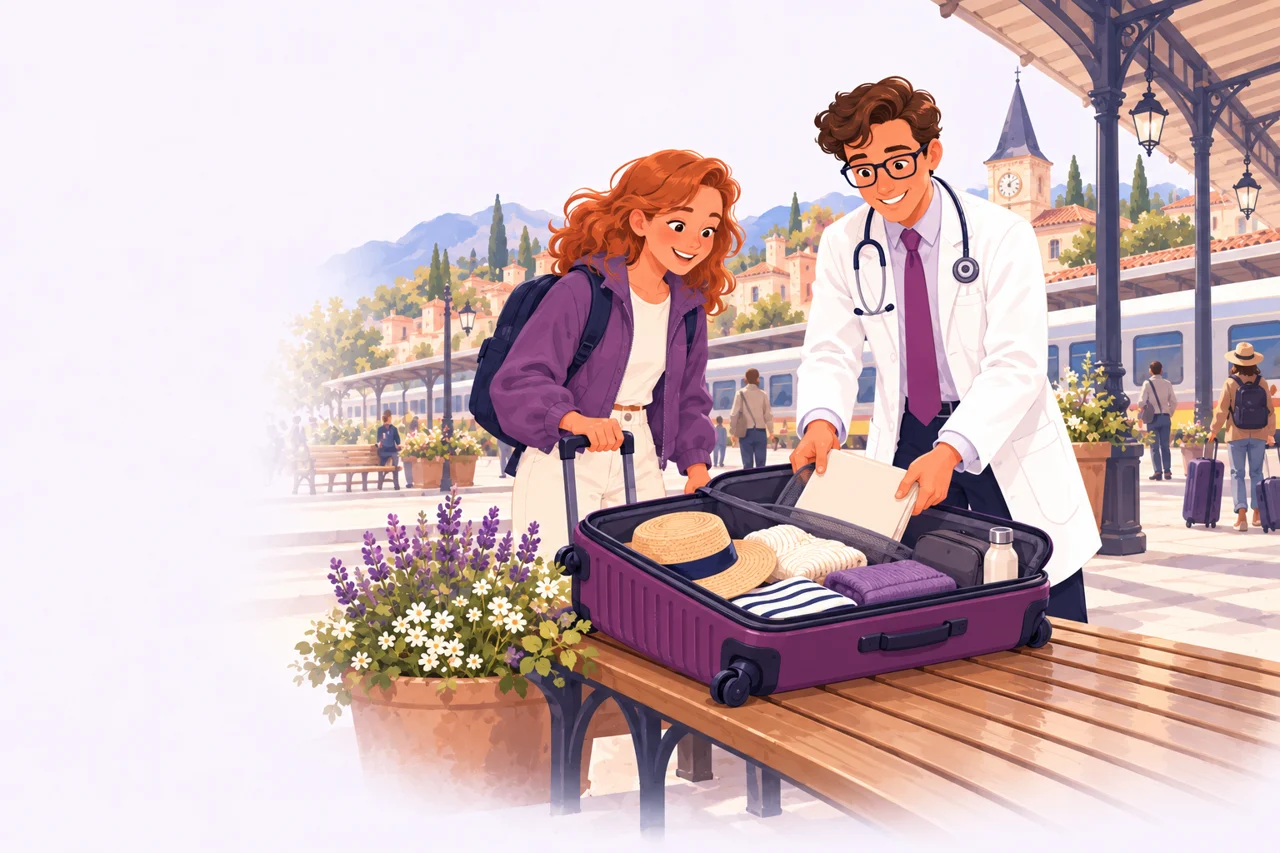 Doktorn och den blivande au pairen packar resedokument