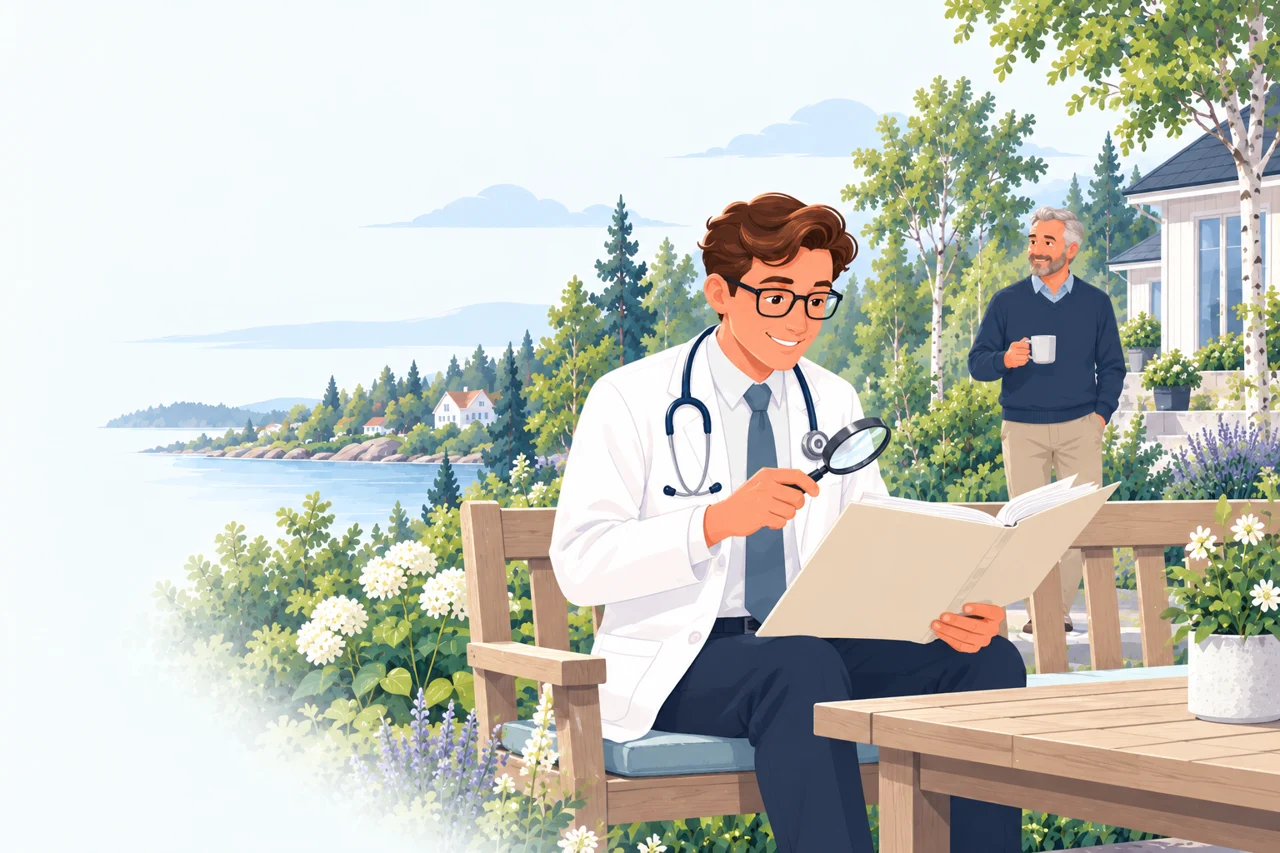 Doktorn granskar en medicinsk handling i klinikträdgården