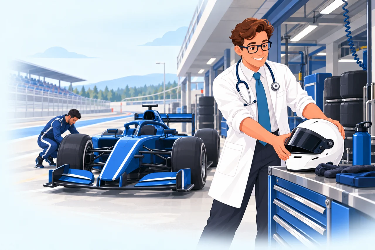 Doktorn förbereder hjälm och underlag i en motorsportdepå