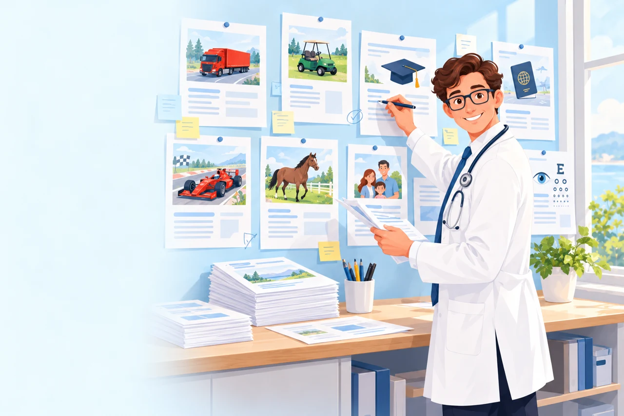 Doktorn med blå slips färdigställer guider bland illustrerade utkast på väggen i guiderummet