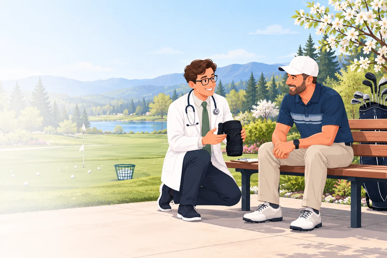 Doktorn diskuterar knästöd och gångförmåga med en golfspelare vid övningsgreenen.