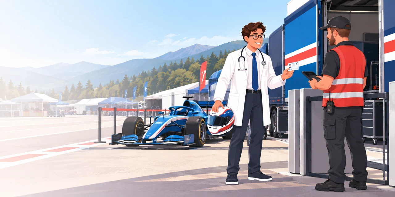 Doktorn förbereder internationella licenshandlingar i en racingdepå.