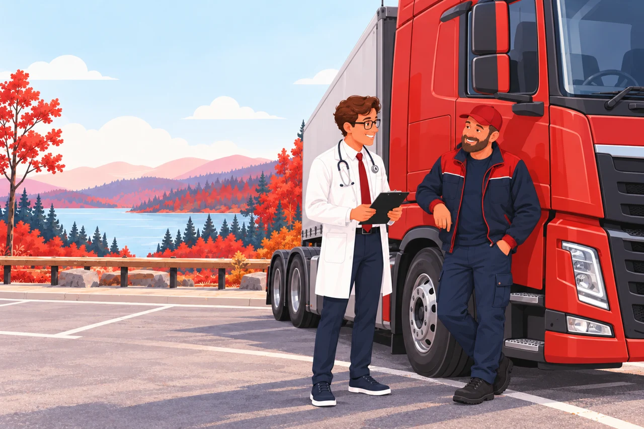 Doktorn och chauffören går igenom underlaget bredvid en parkerad röd lastbil.