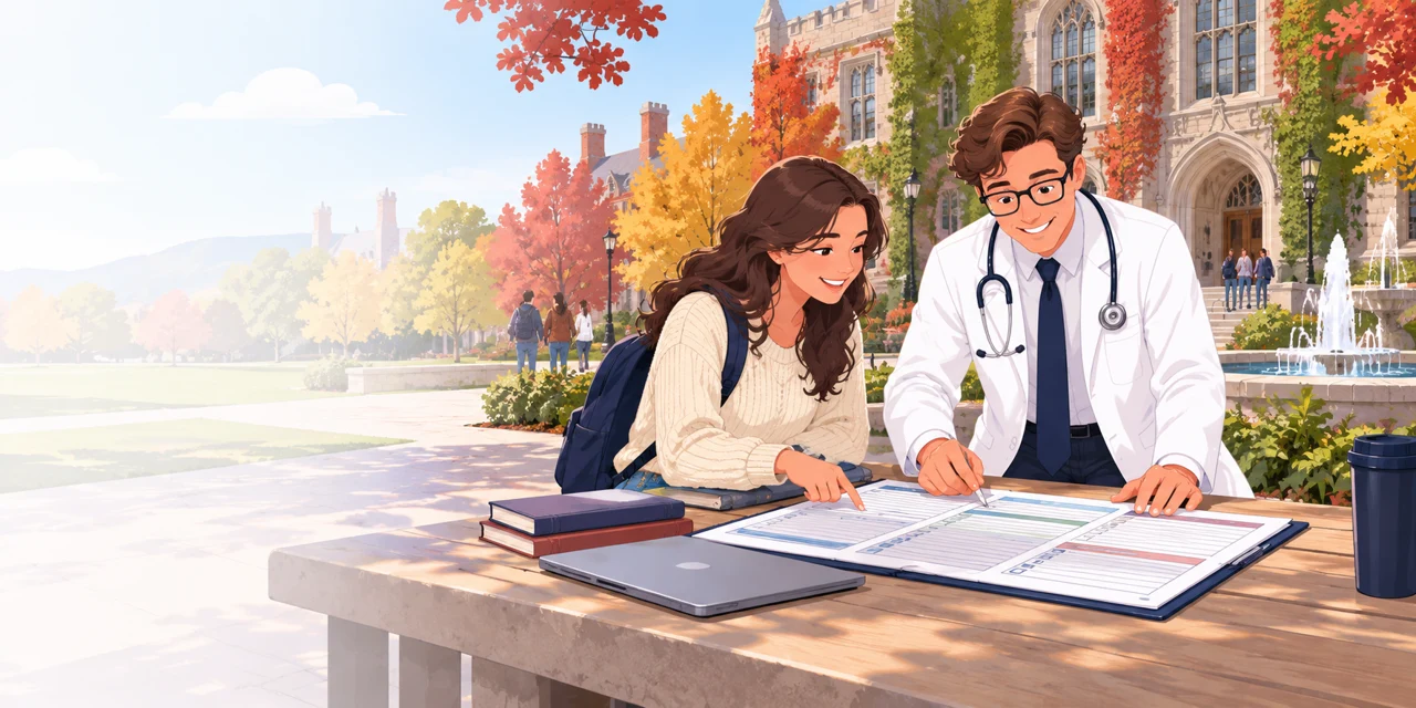 Doktorn och studenten sorterar formulärsidor vid ett bord på campus.