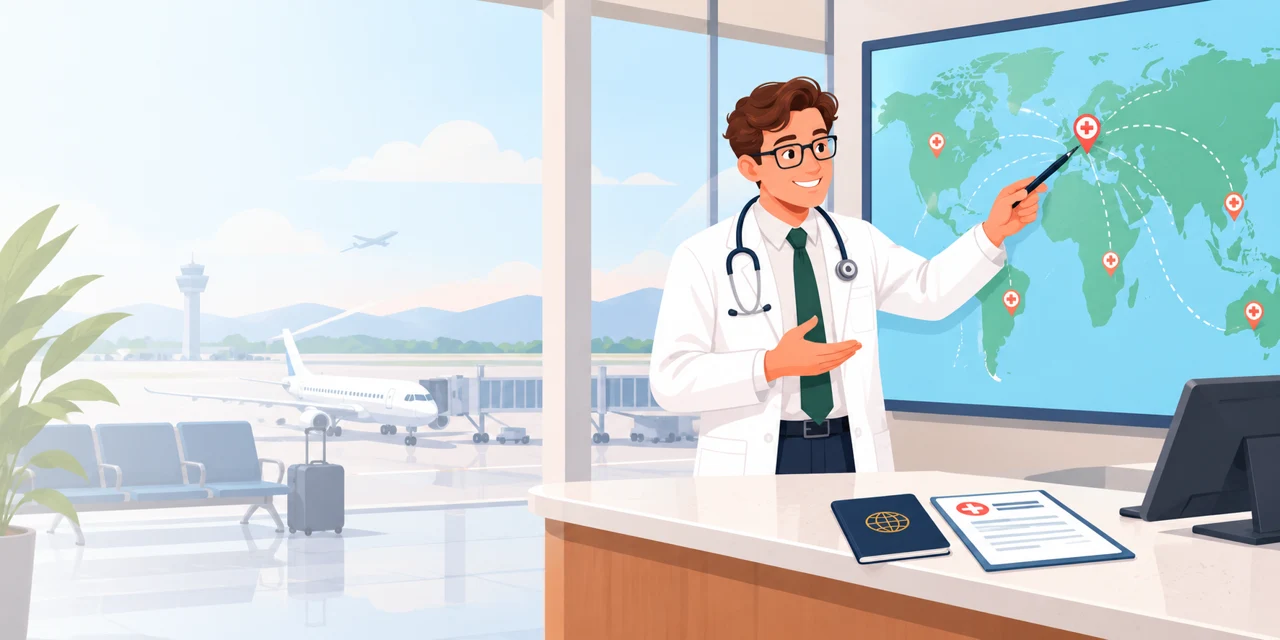 Doktorn visar en godkänd kliniks placering på en karta vid en flygplatsterminal.