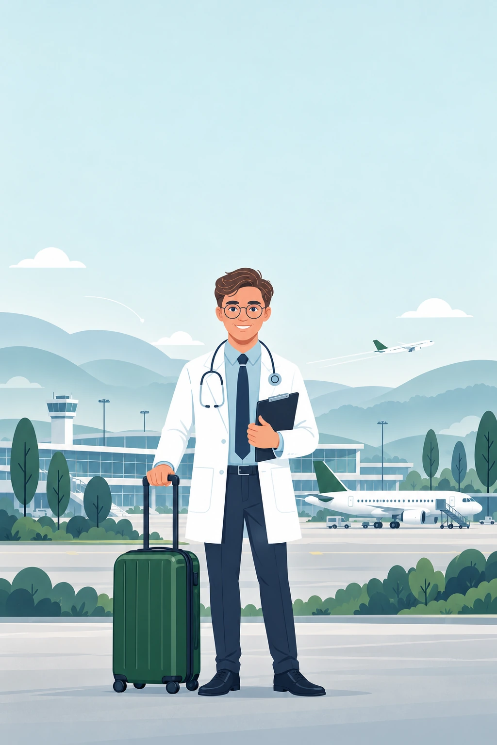 Vår doktor med resväska och flygplan i bakgrunden